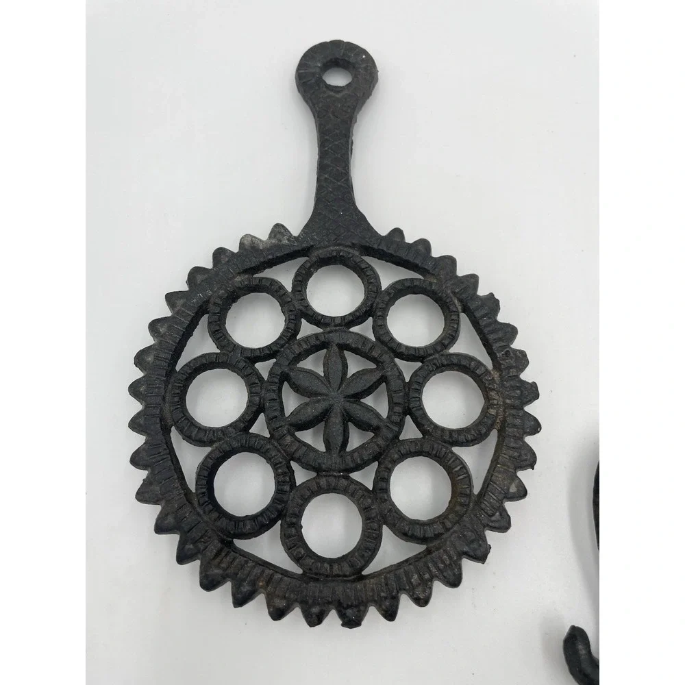 Vintage MCM  Set of 3 Black Cast Iron Trivets Wall Hangings Round Stars